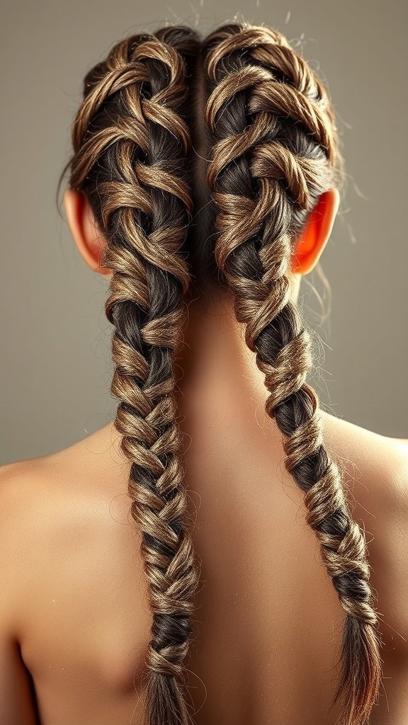 Back view of a person with two knotless braids featuring glitter highlights, showcasing a blend of dark and light hair colors.