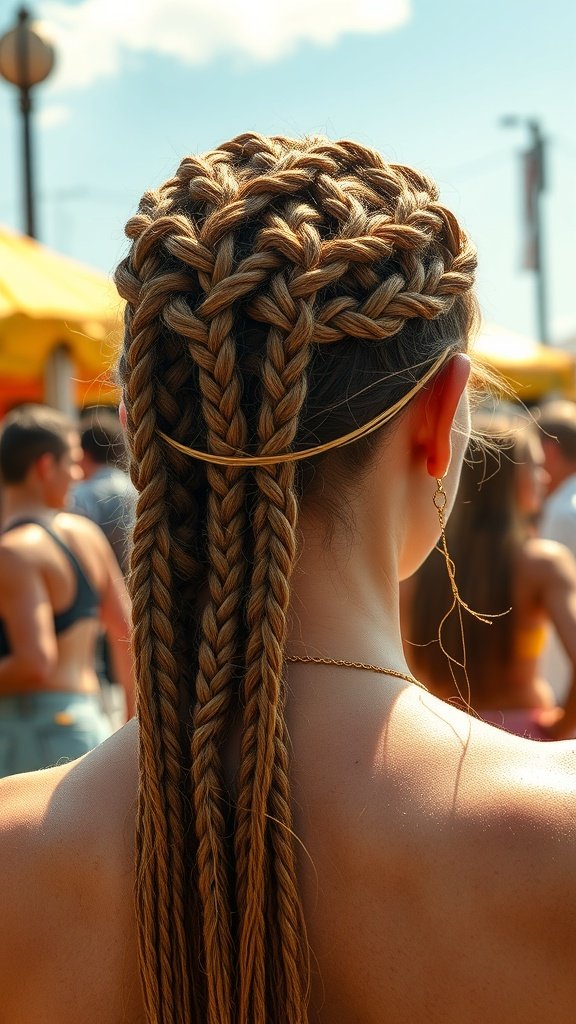A woman with knotless braids styled with gold thread, showcasing a trendy hairstyle.