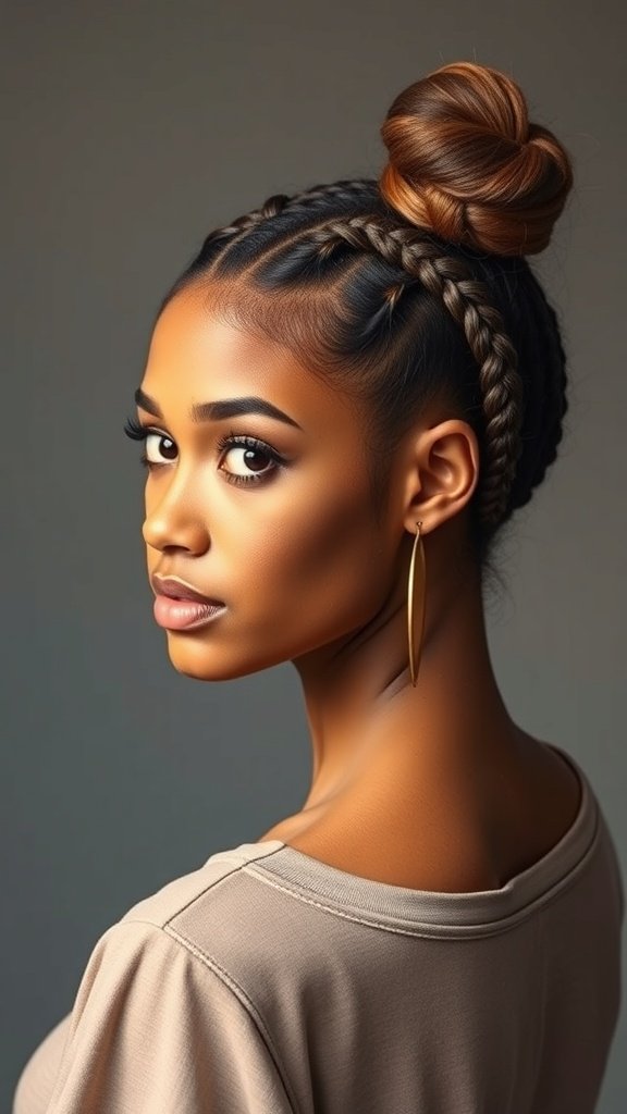 A woman with knotless braids styled in a half-up bun, showcasing a chic and elegant look.