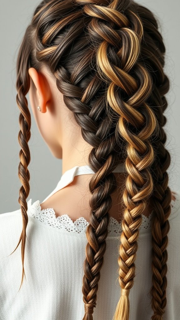 A close-up of knotless braids with highlights, showcasing a blend of dark and light tones.