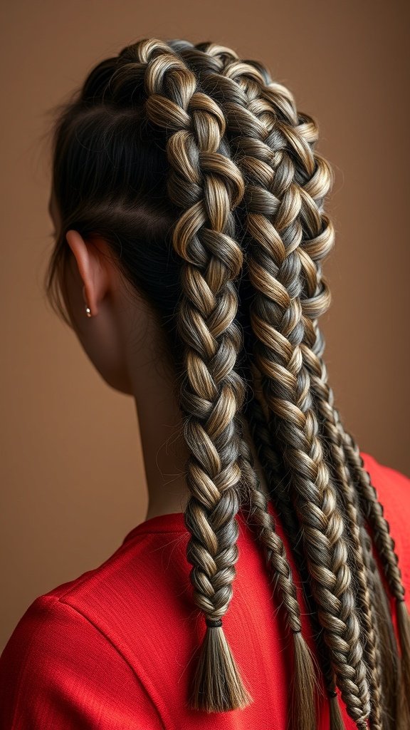 A close-up of a person with knotless braids featuring highlights, showcasing a stylish hairstyle.
