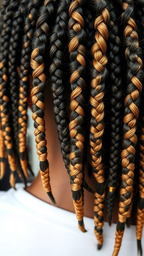 Close-up of small knotless braids with highlights, showcasing a stylish protective hairstyle.