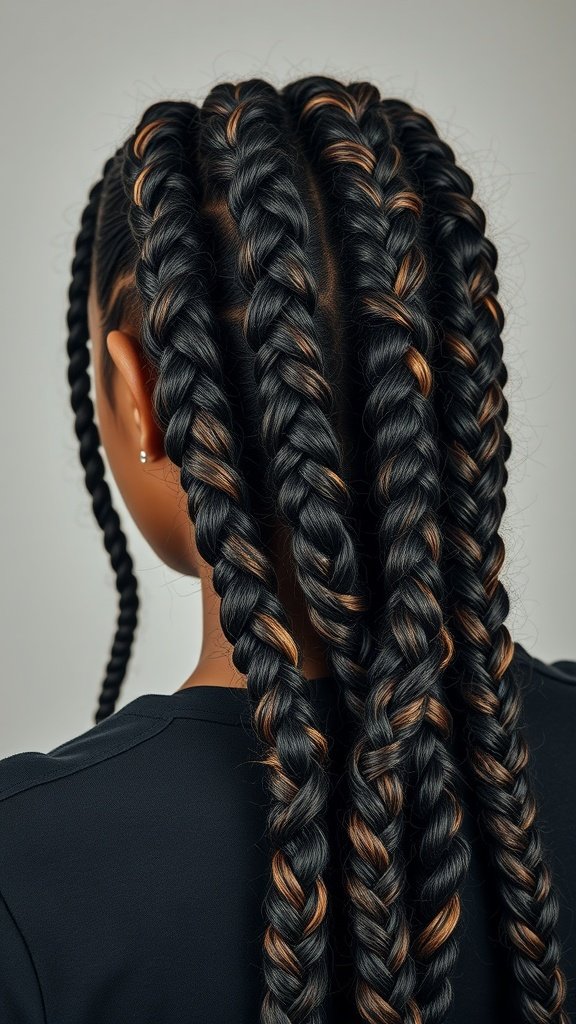 Close-up of small boho knotless braids with highlights