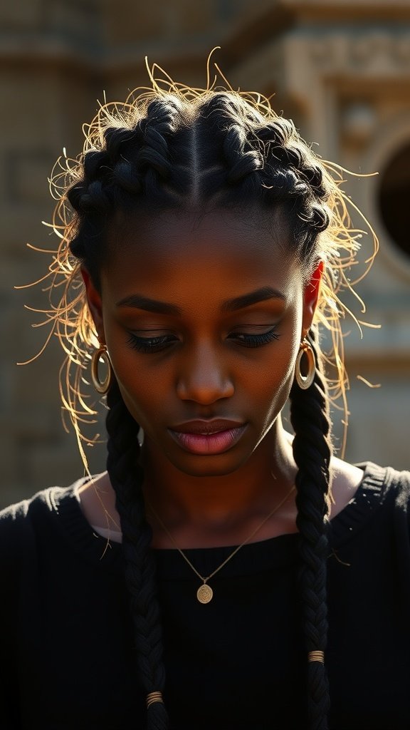 A woman with small boho knotless braids, showcasing highlights and a stylish look.