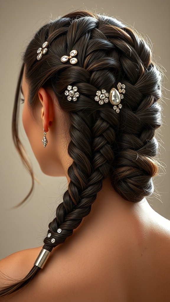 A close-up of knotless braids adorned with jewel-studded accessories.