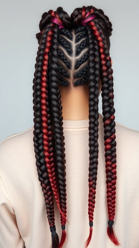 Knotless braids with black and red highlights styled in a unique pattern.