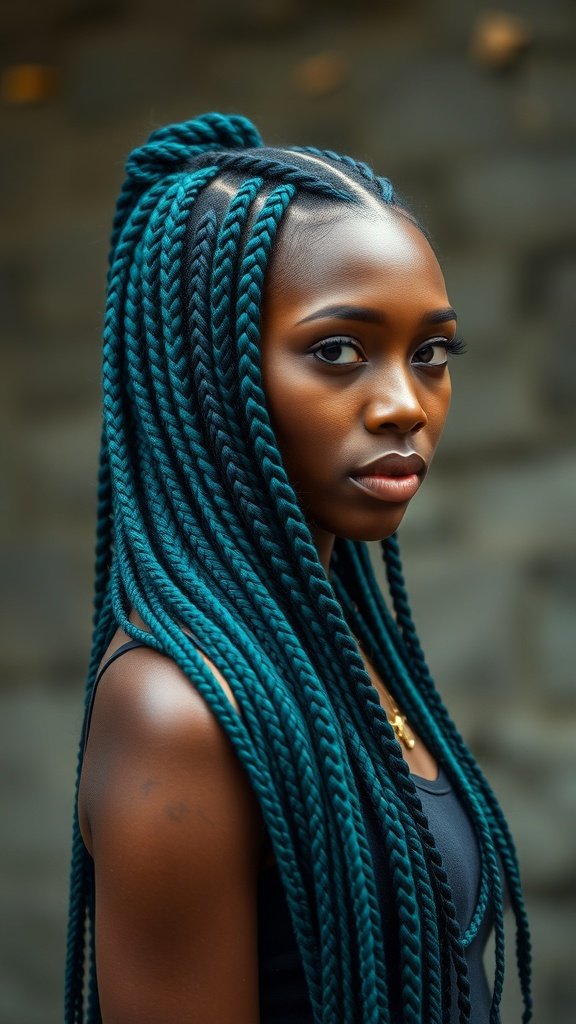 A woman with teal knotless braids, showcasing a stylish hairstyle.