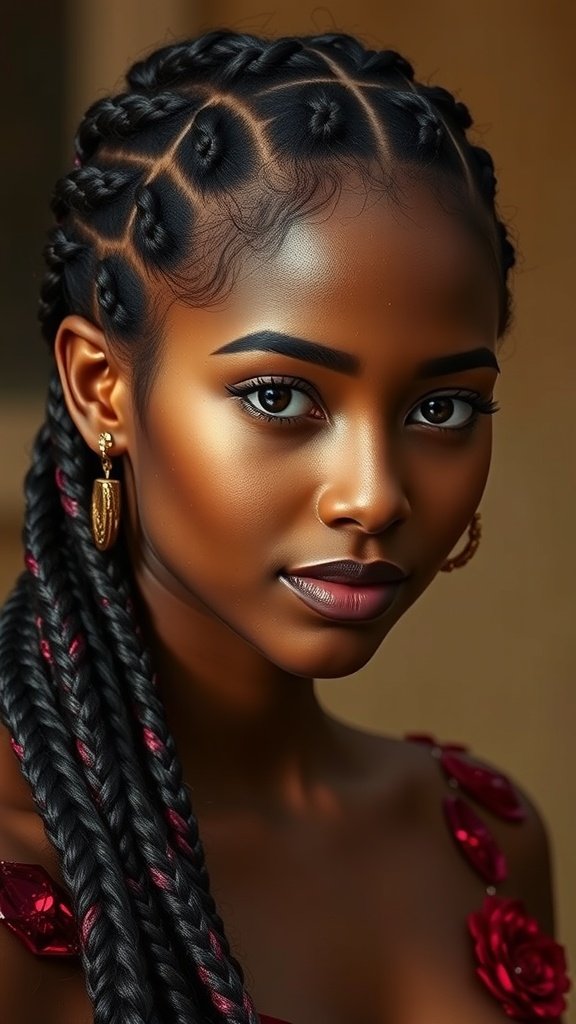 A close-up of a woman with knotless braids featuring jewel tones, showcasing a stylish and modern hairstyle.