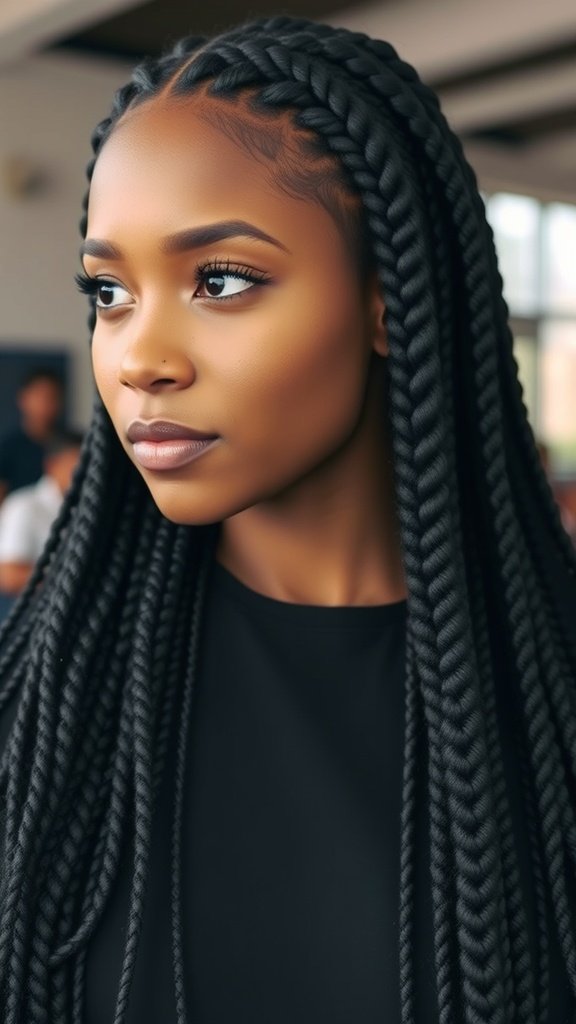 A woman with knotless braids styled in layered lengths, showcasing a natural and elegant look.
