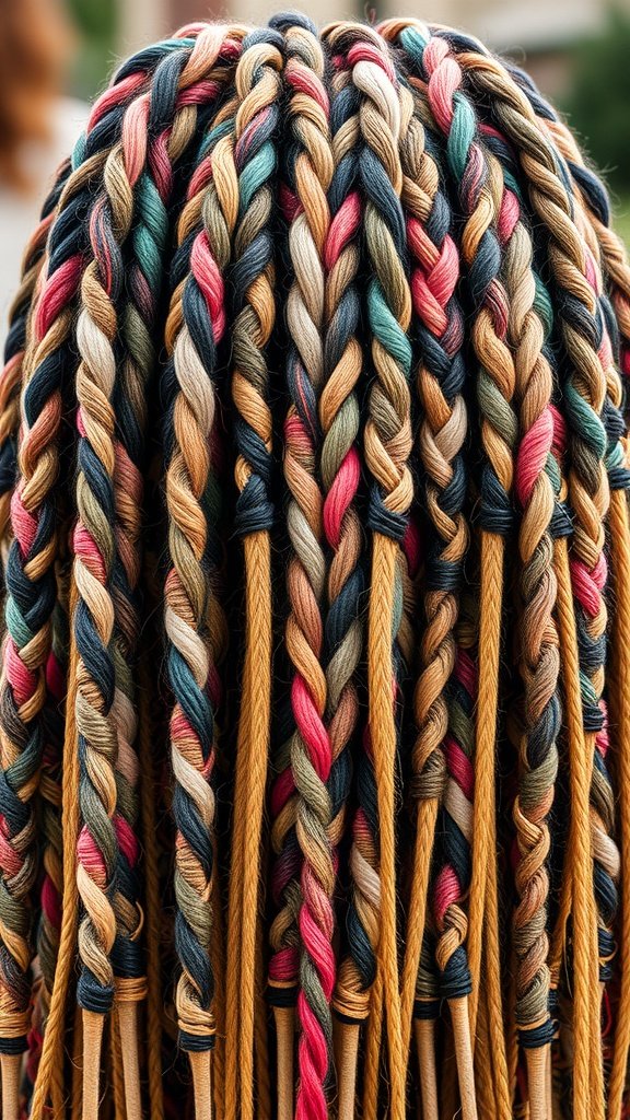 A close-up of multi-colored knotless braids featuring shades of blue, gold, pink, and brown.