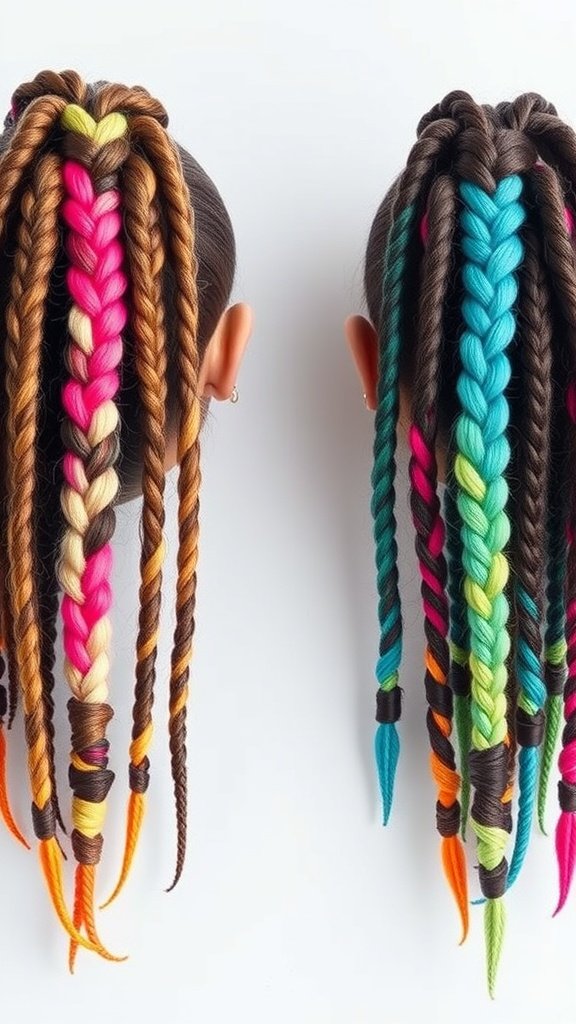 Knotless braids with multicolored sections including pink, blue, and orange.