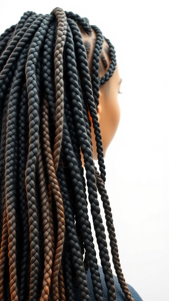 A close-up view of long knotless braids featuring a mix of black and brown colors, showcasing a stylish protective hairstyle.