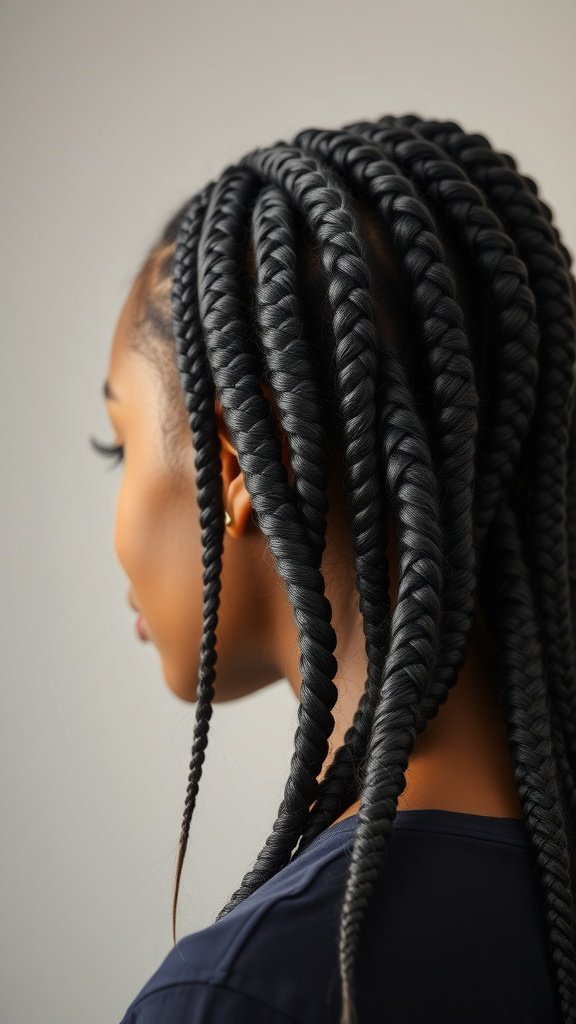A close-up view of a woman's hair styled in knotless braids, showcasing the neat and elegant appearance of the braids.