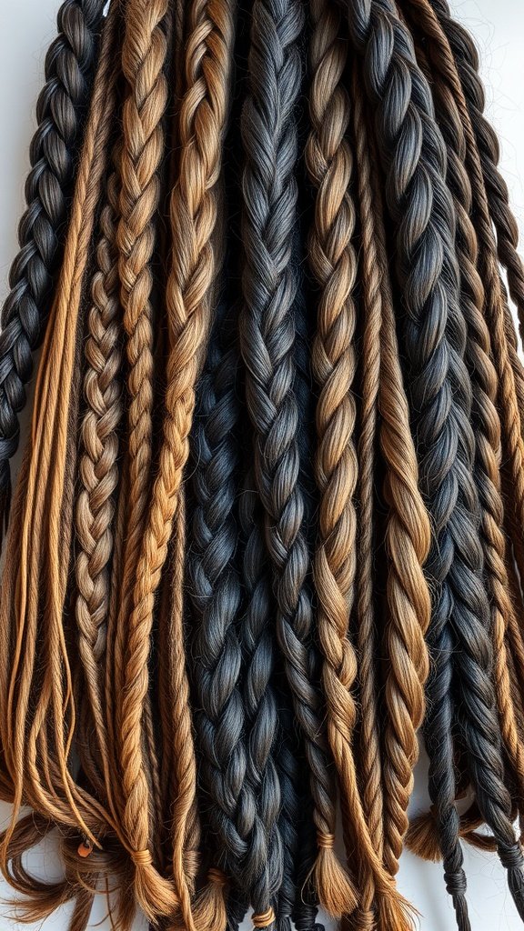 A collection of various braided hair strands in different colors.