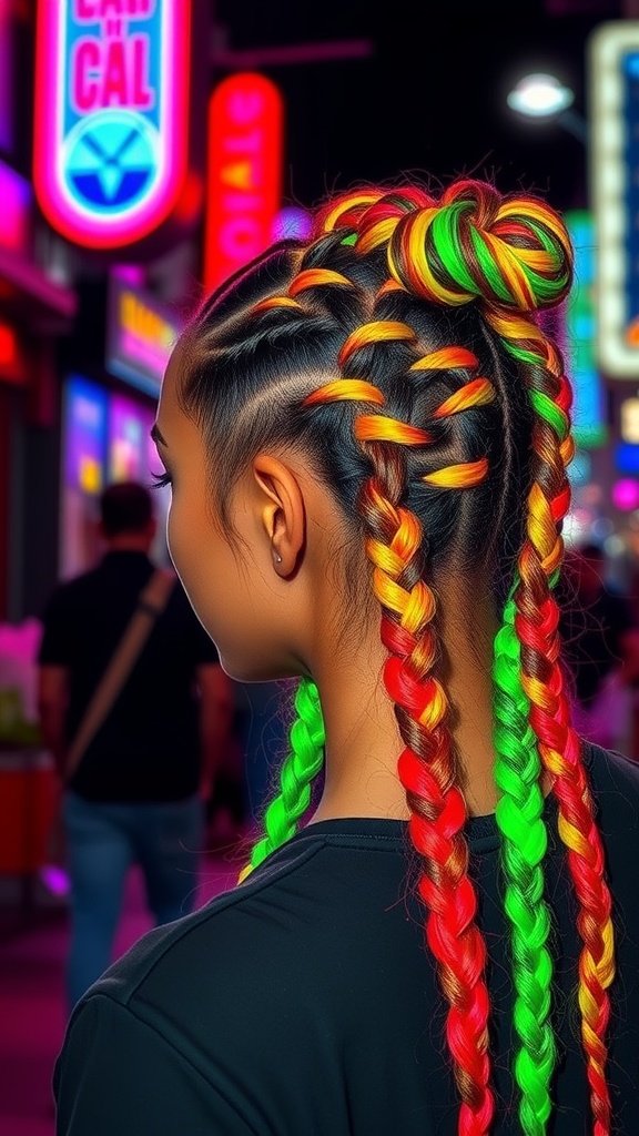 A woman with neon-colored knotless braids styled in a bun and long braids, showcasing a vibrant hairstyle.
