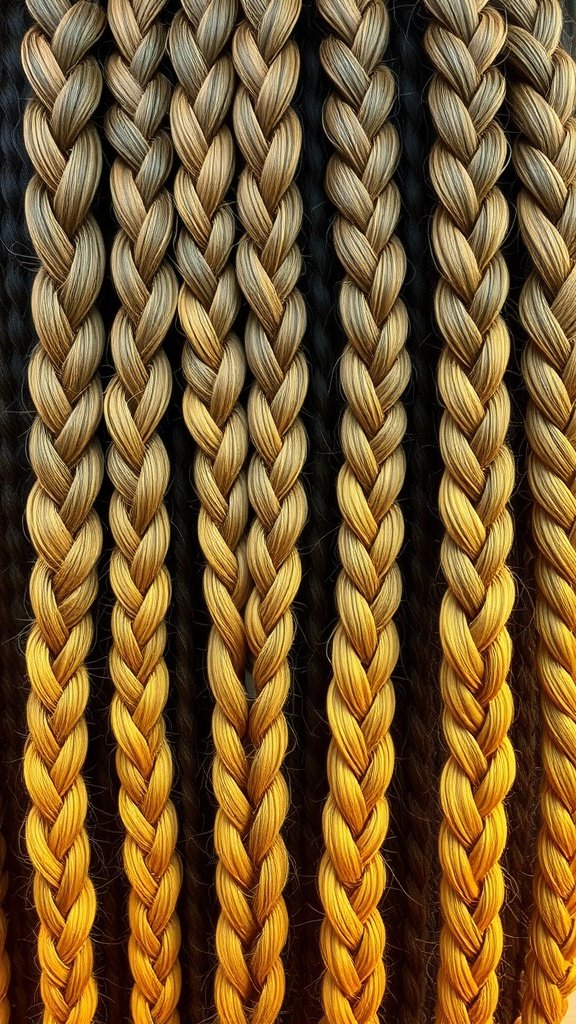 Close-up of knotless braids with an ombre effect, showcasing a blend of dark and light colors.