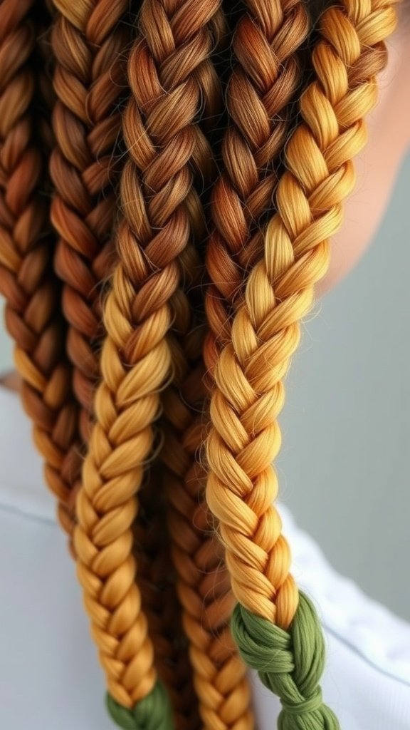 Close-up of knotless braids with an ombre effect, showcasing a blend of brown and golden hues.