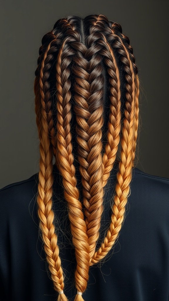 A close-up view of knotless braids styled with an ombre effect, showcasing a blend of dark and light colors.