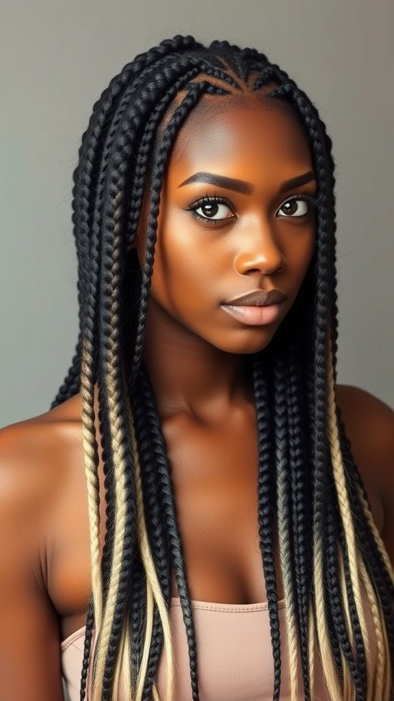 A woman with knotless braids featuring an ombre effect, transitioning from black to blonde.