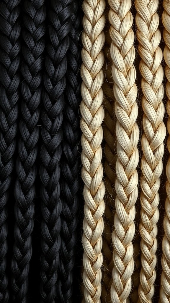 An array of braided hair in black and blonde colors, showcasing knotless braids with an ombre effect.