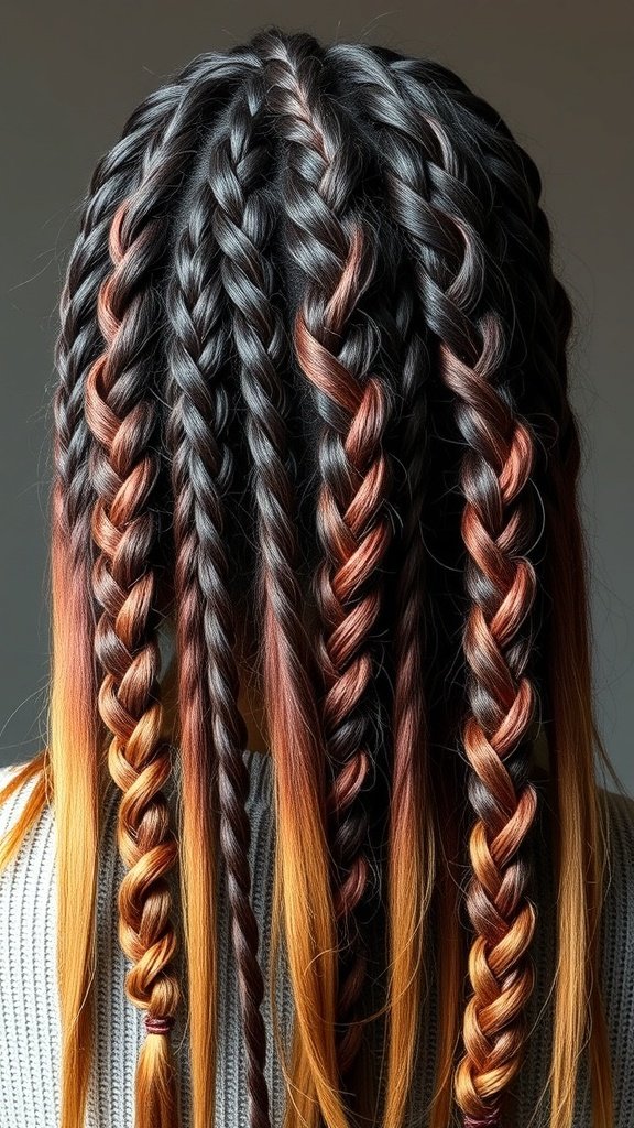 A close-up view of knotless braids with an ombre effect, showcasing intricate braiding and a blend of dark to light colors.