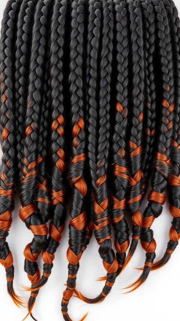 Knotless braids featuring a black to orange ombre effect.