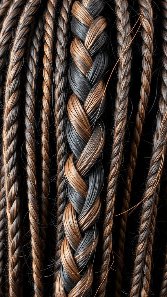 Close-up of knotless braids with ombre effects, showcasing a mix of dark and light tones.