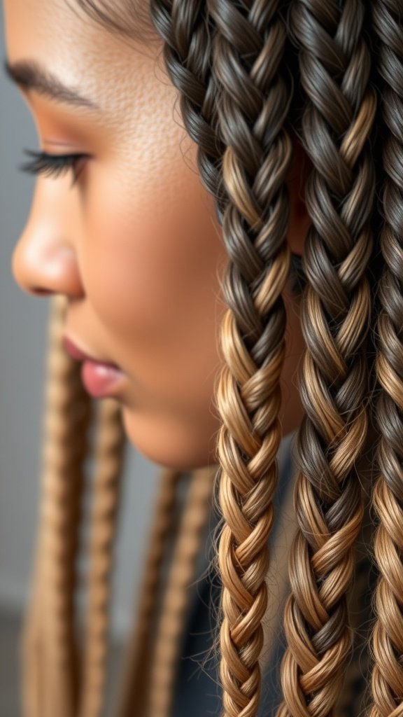 A close-up of a woman with medium boho knotless braids featuring an ombre effect, showcasing dark brown transitioning to a lighter shade.