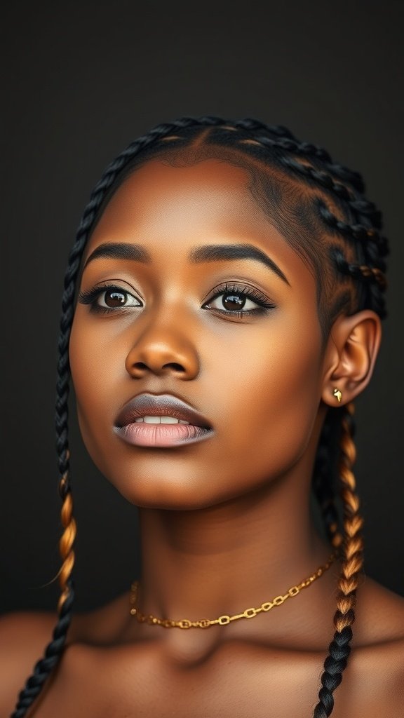 A close-up of a woman with short knotless braids featuring an ombre effect, showcasing a stylish and trendy hairstyle.