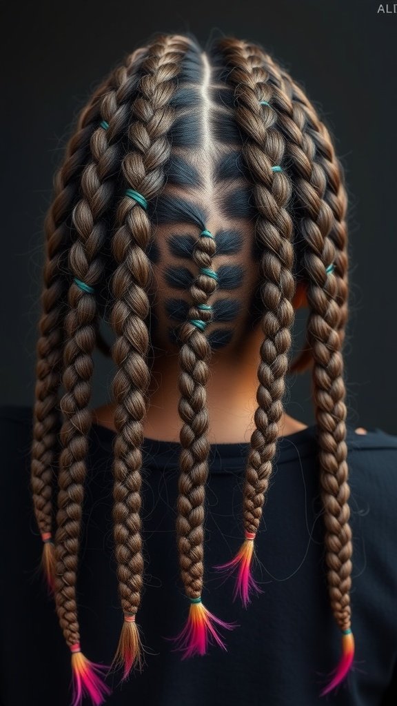 Knotless braids with vibrant ombre tips, showcasing a stylish and colorful hairstyle.