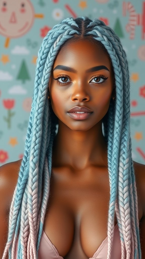 A person with pastel blue and pink knotless braids, showcasing a stylish and vibrant hairstyle.
