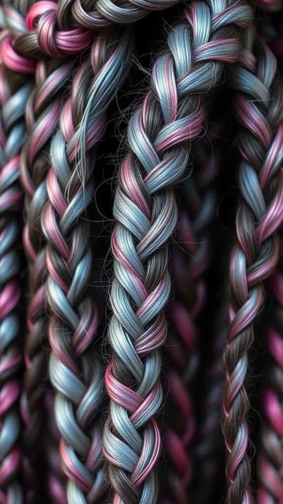 Close-up of knotless braids featuring pastel streaks of pink and blue.