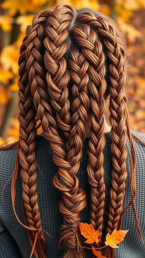 A close-up view of knotless braids in honey brown color, styled with curls and autumn leaves in the background.