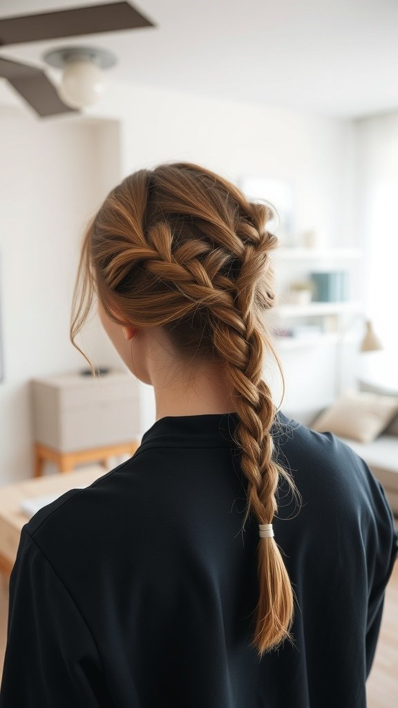 A woman with a stylish side-parted braid, showcasing knotless braids in a cozy indoor setting.
