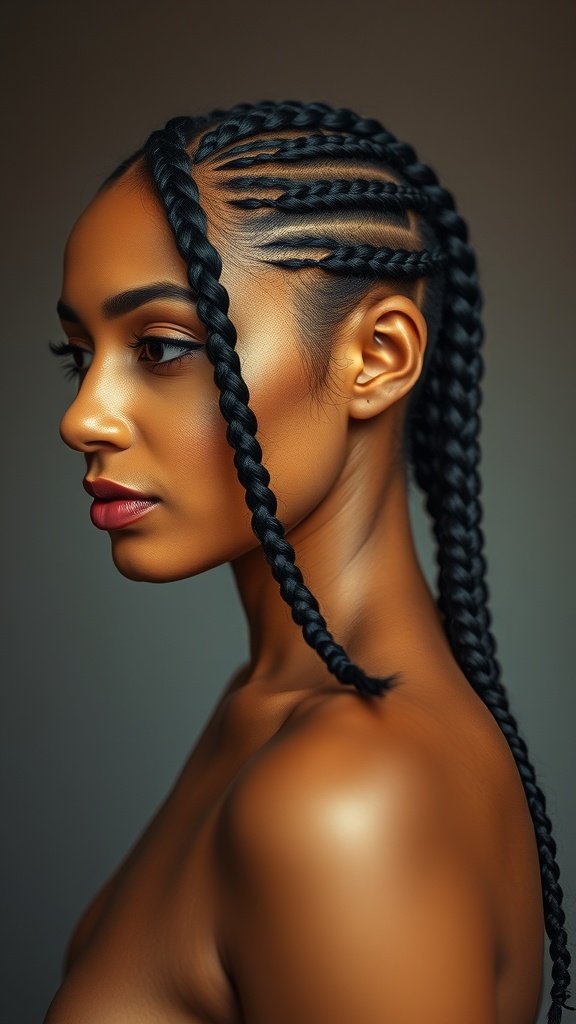 A close-up of a woman with stylish knotless braids styled in a side part.