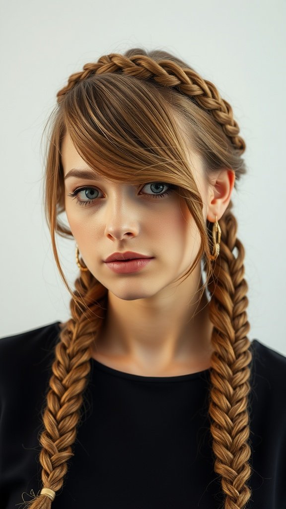 A young woman with long black knotless braids and side swept bangs, showcasing a stylish and elegant hairstyle.