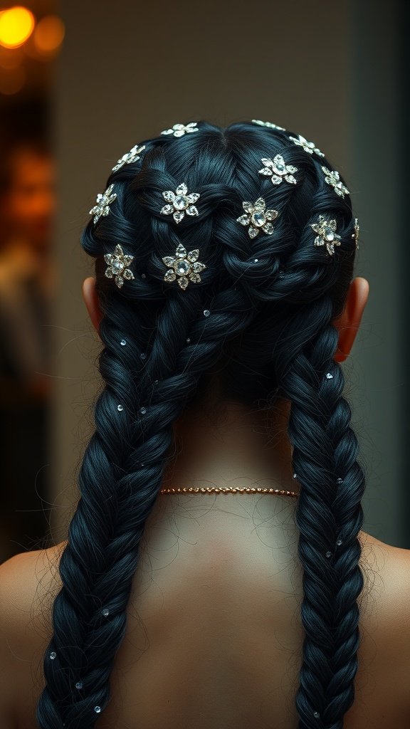 Knotless braids with sparkling hair accessories, showcasing a stylish and elegant hairstyle.