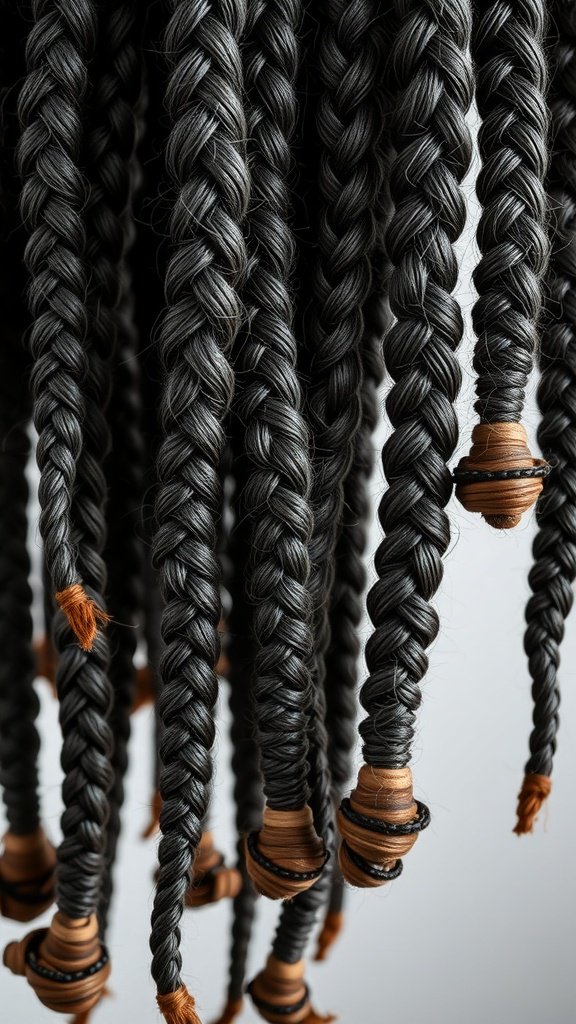 Close-up of knotless braids with spiral curls, showcasing intricate braiding and curly ends.