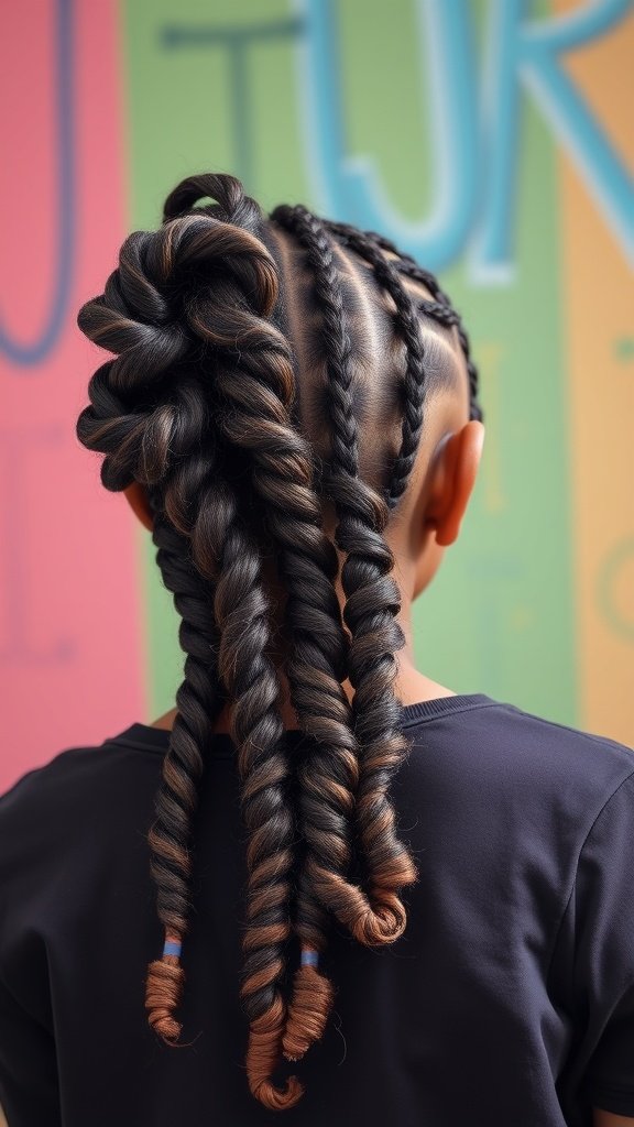 A child with knotless braids styled into a bun, featuring spiral curls at the ends.