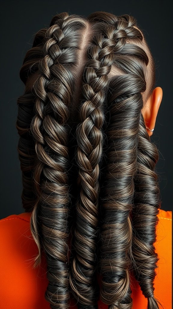 Knotless braids with spiral curls styled on a person's head
