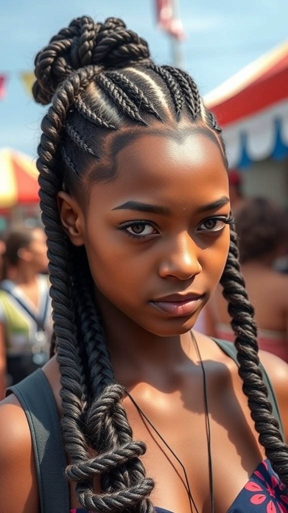 A young woman with knotless braids styled with spiral curls, showcasing a trendy boho hairstyle.