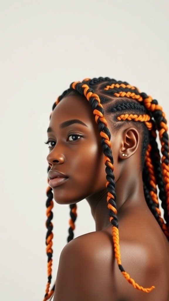 A model showcasing knotless braids in black and orange colors.