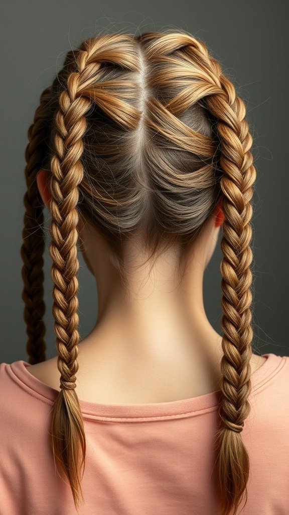 A close-up view of a person with knotless braids featuring subtle highlights, styled in two sections.