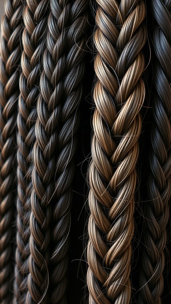 Close-up of knotless braids featuring a blend of brown and blonde colors.