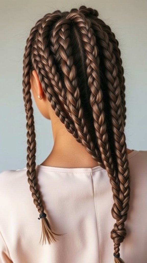 A woman showcasing chest-length knotless braids in a rich brown color, styled neatly with subtle highlights.