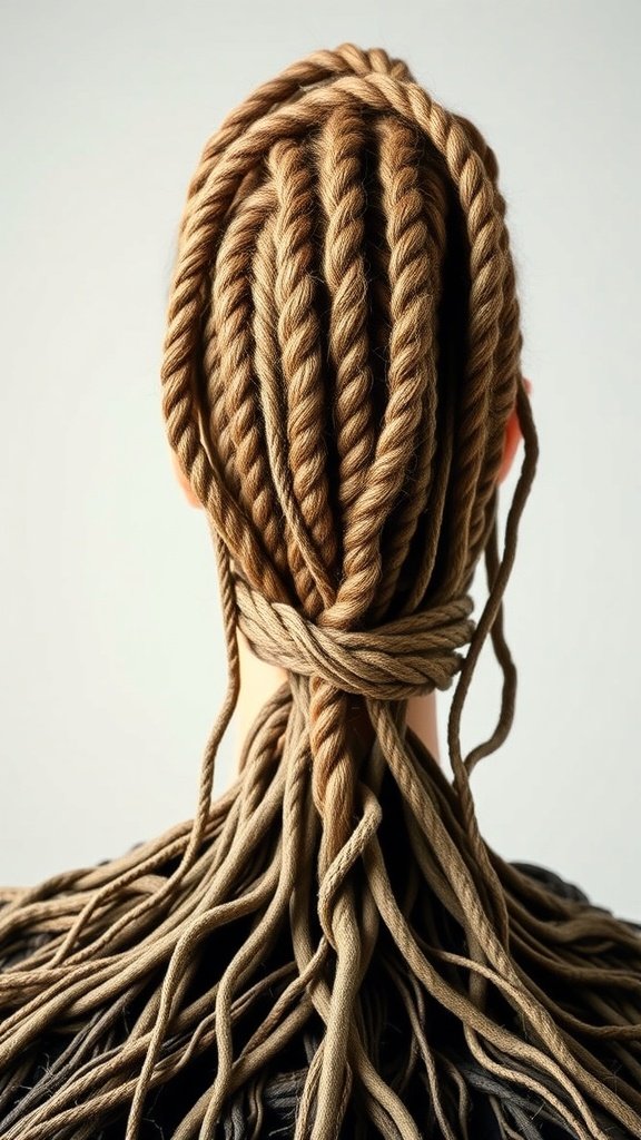 A close-up view of a person's head with knotless braids featuring twisted roots, showcasing a blend of colors and a unique style.