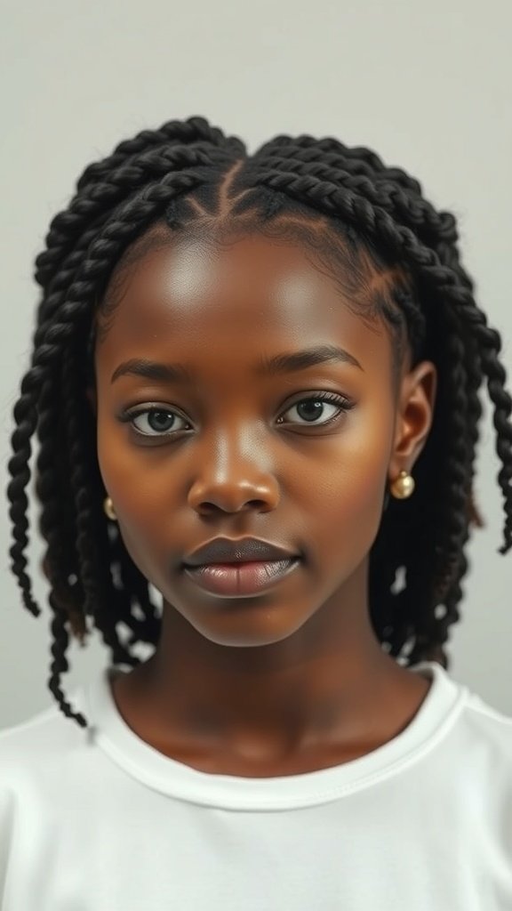 A young girl with knotless braids styled with twists, showcasing a beautiful and protective hairstyle.