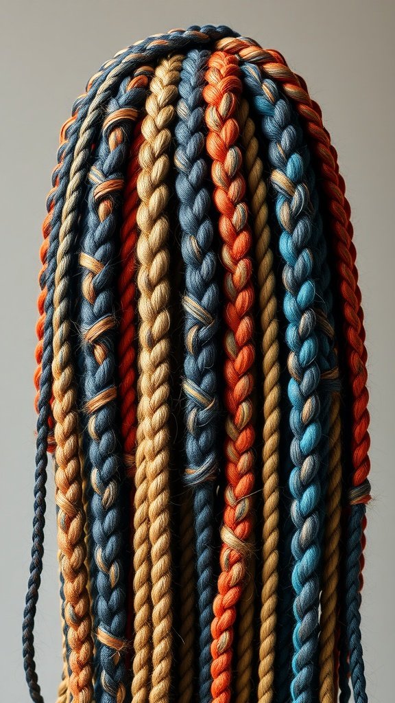A collection of colorful knotless braids featuring blue, orange, and gold hues.