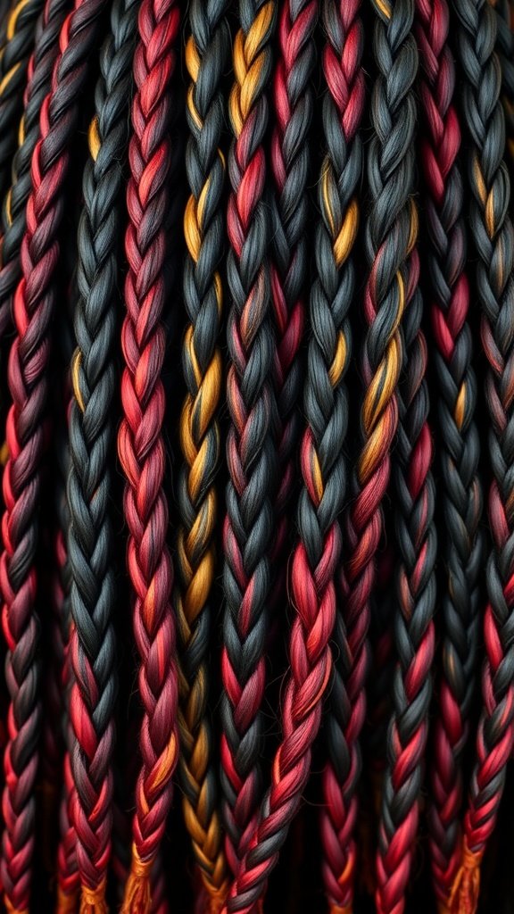 Colorful knotless braids in black, red, and gold.