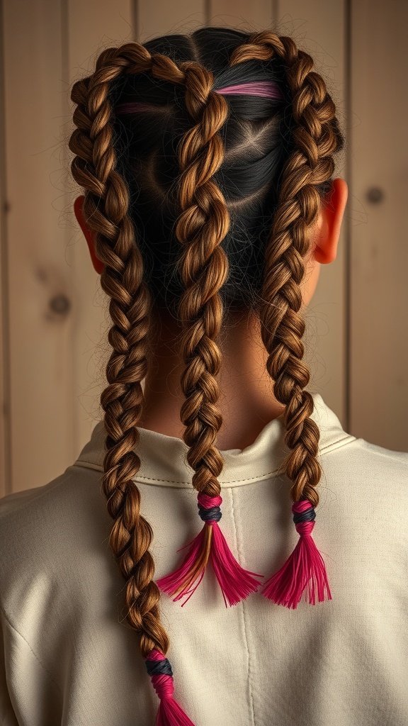 A close-up of a person with knotless braids styled in a boho fashion, featuring brown and blonde colors with colorful tassels.